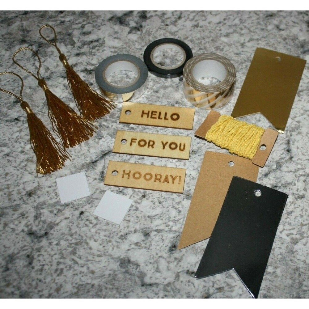 SPRITZ MINIATURE PAINT CAN TAG KIT TASSELS BURNED TAGS STRING TAPE GOLD SILVER